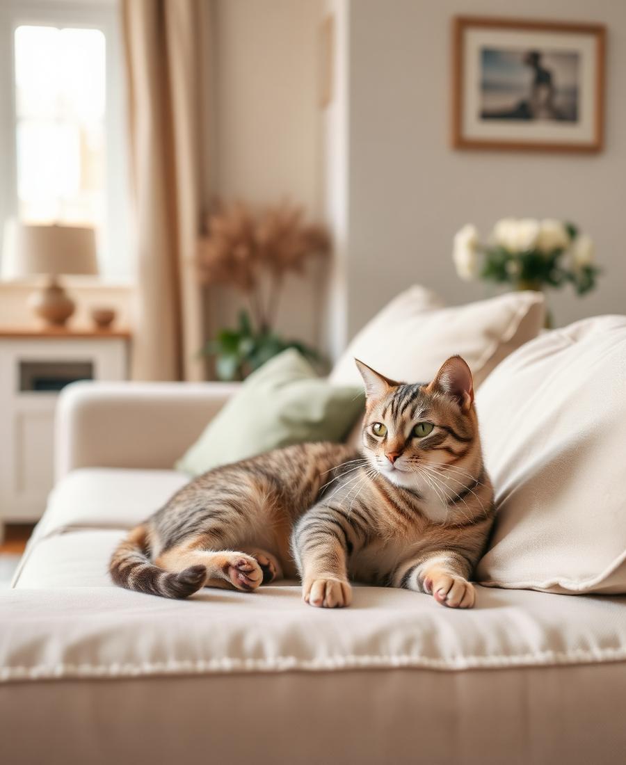 A tabby cat resting on a linen sofa in a British living room