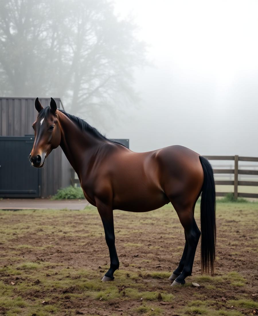 A bay horse in a misty British paddock beside a stable
