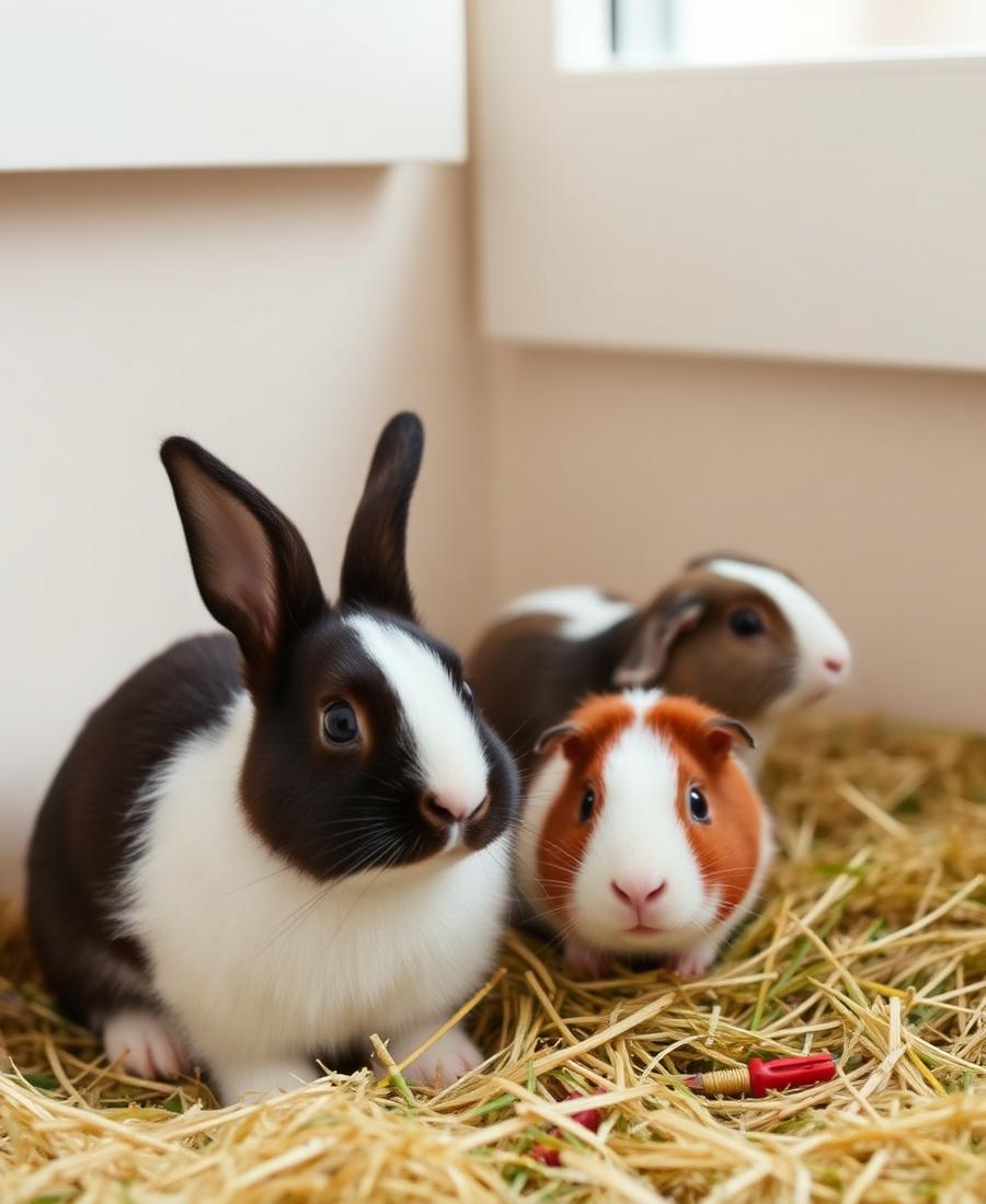 A rabbit and guinea pigs in a clean indoor enclosure with hay