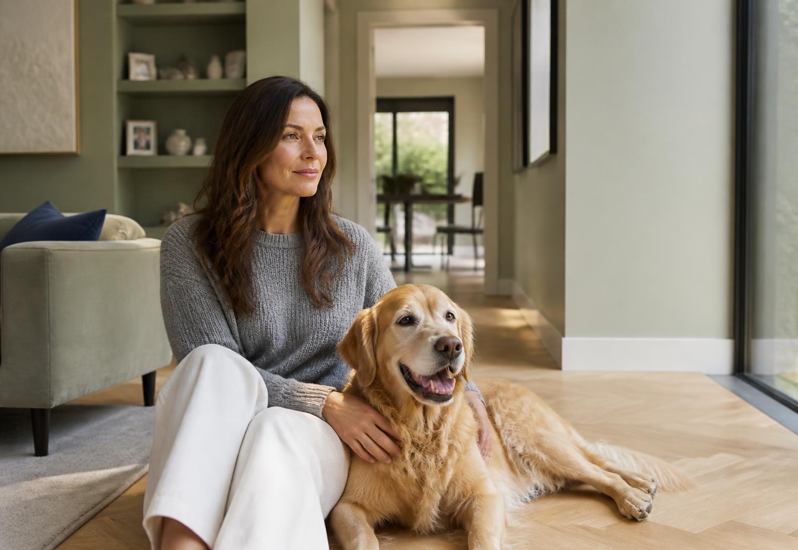 A pet owner sitting with her golden retriever in a light modern British home